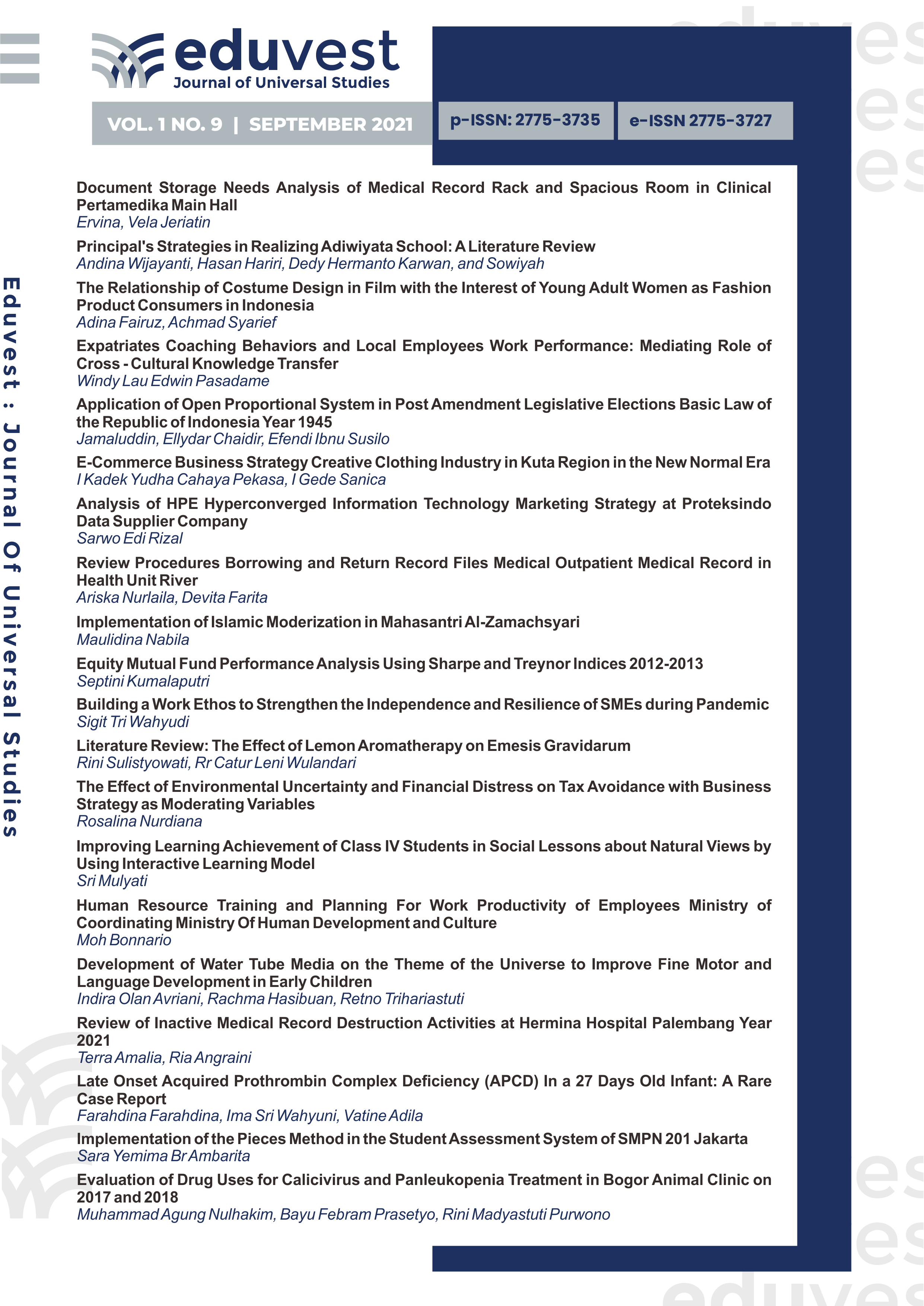 					View Vol. 1 No. 9 (2021): Journal Eduvest - Journal of Universal Studies
				