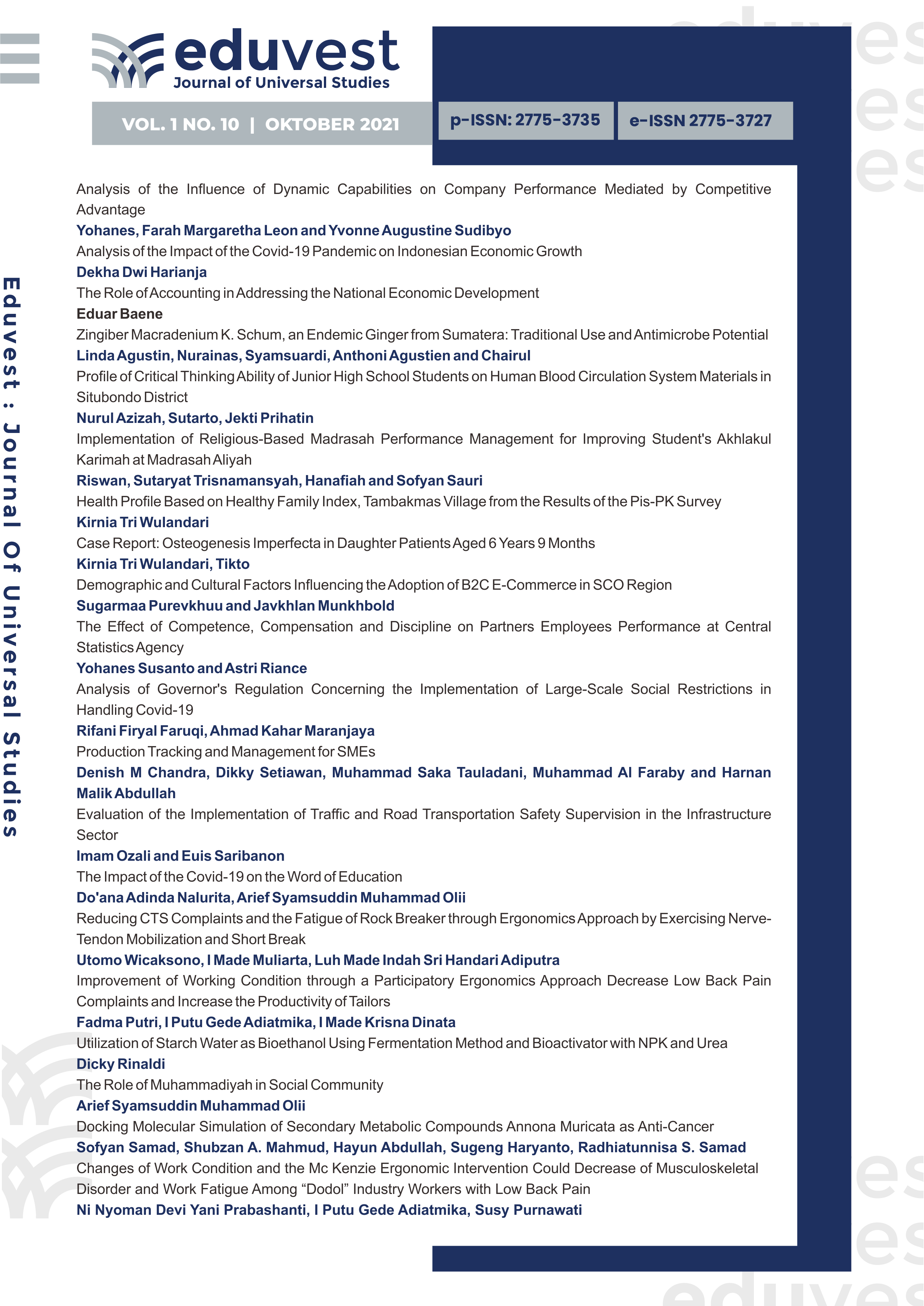 					View Vol. 1 No. 10 (2021): Journal Eduvest - Journal of Universal Studies
				