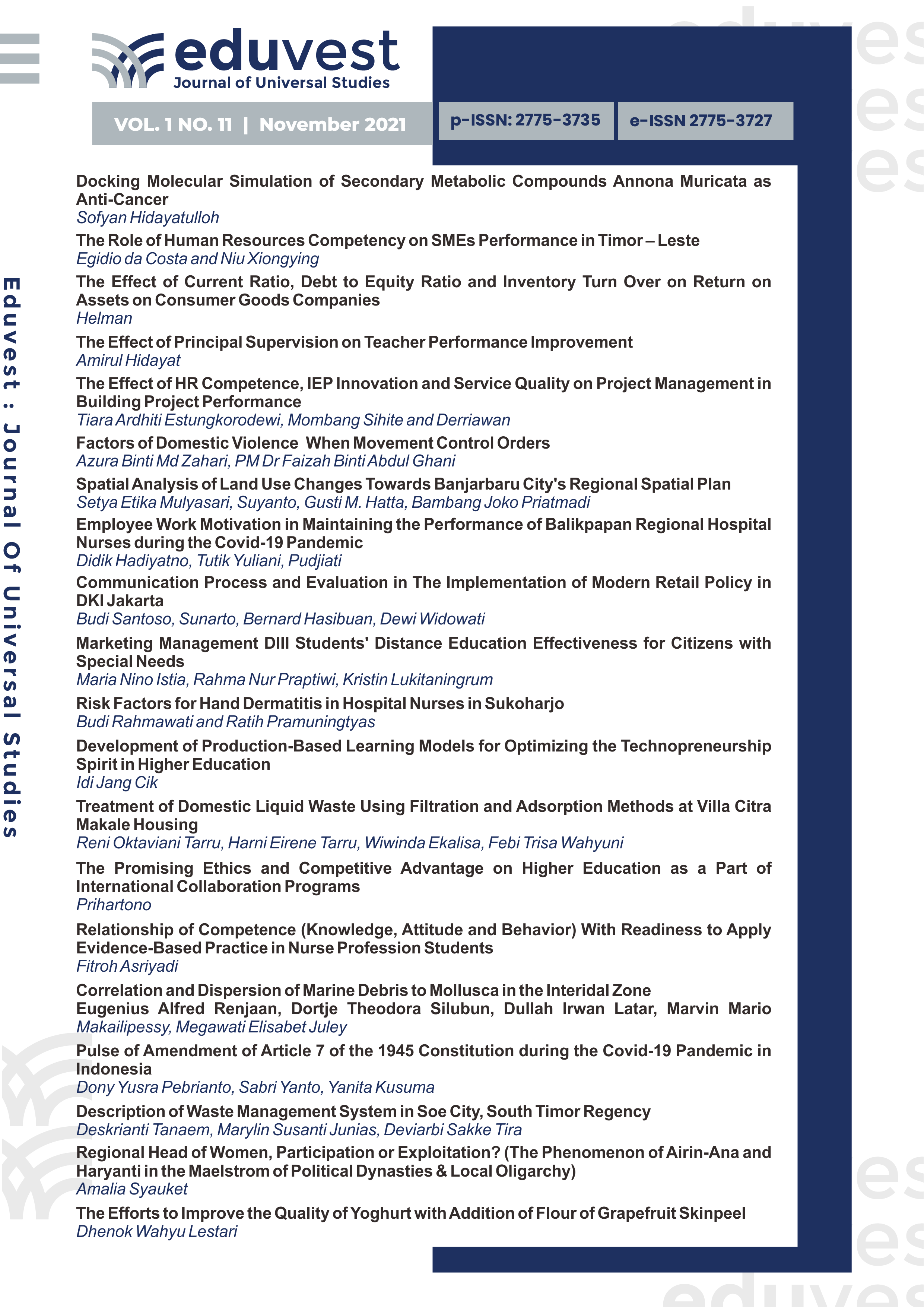 					View Vol. 1 No. 11 (2021): Journal Eduvest - Journal of Universal Studies
				