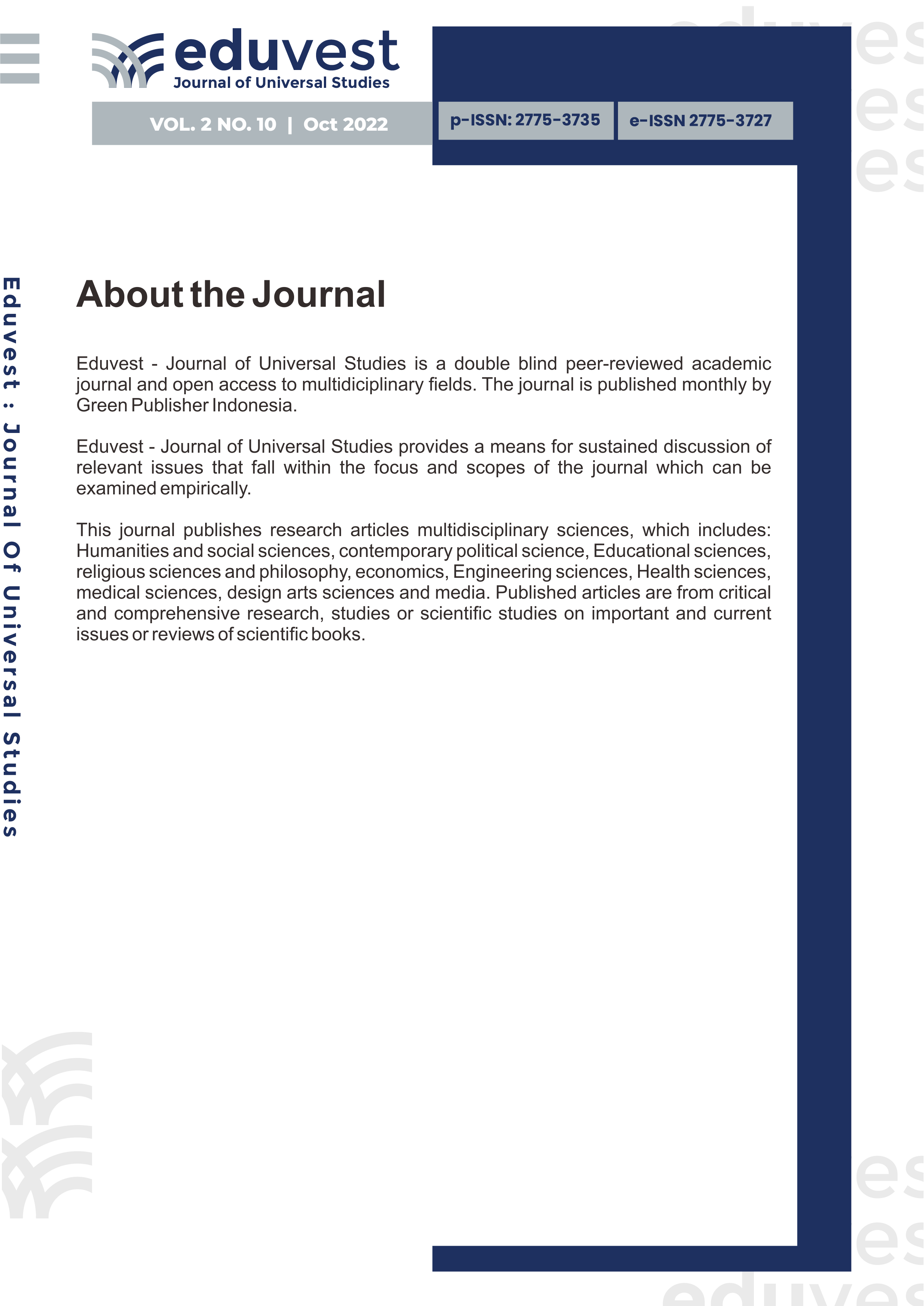 					View Vol. 2 No. 10 (2022): Journal Eduvest - Journal of Universal Studies
				