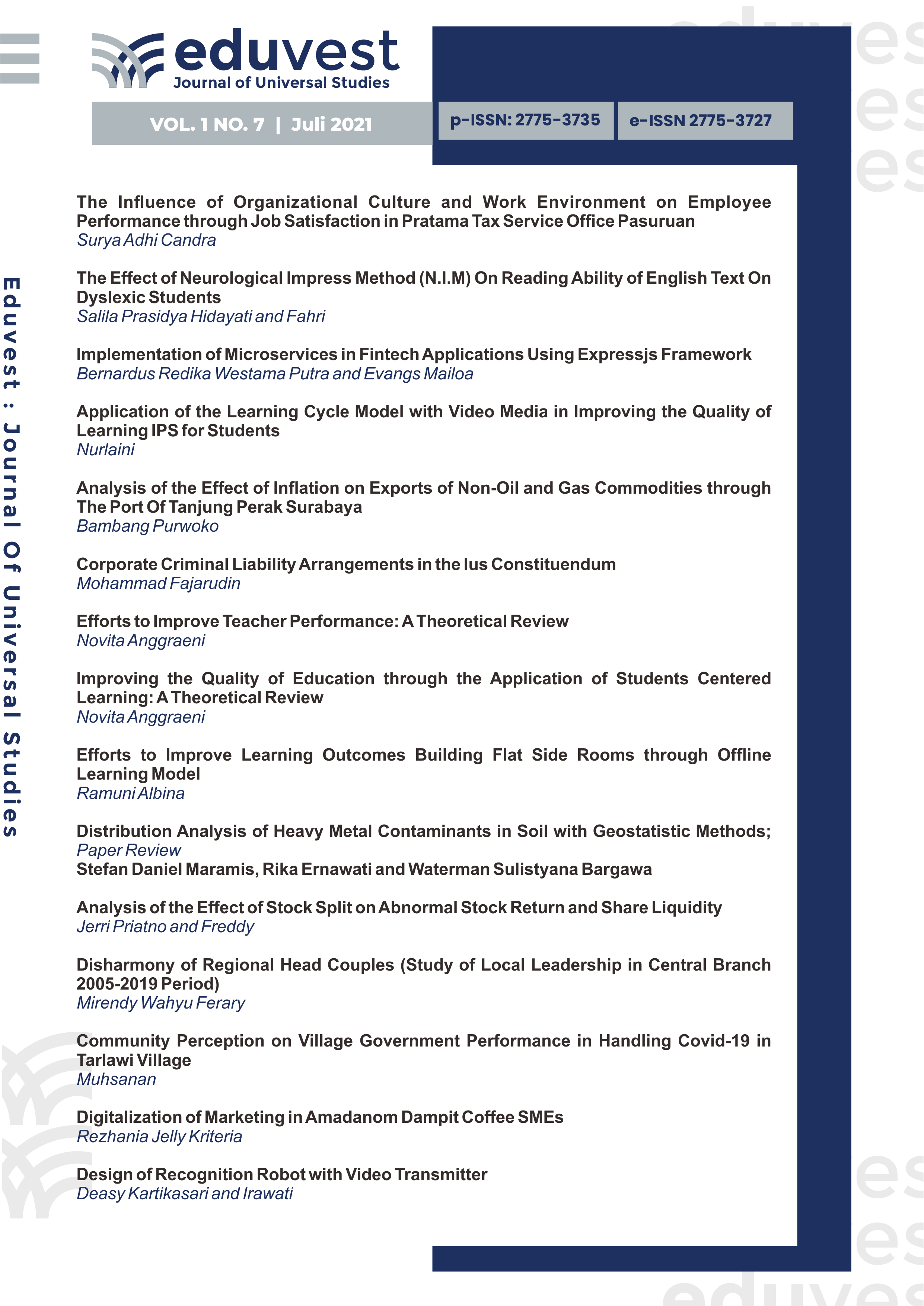 					View Vol. 1 No. 7 (2021): Journal Eduvest - Journal of Universal Studies
				